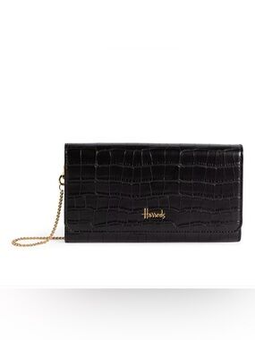 Harrods Black Croc-Embossed Clutch with Gold Chain